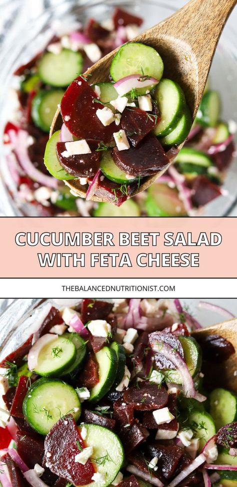 Enjoy a delicious beet salad with cucumber featuring feta and red onion. This recipe for beetroot and cucumber salad is a simple beet salad that's perfect for any meal. Learn how to fix fresh beets for a delightful salad with roasted beets. Cucumber Beet Salad Recipes, Beet And Onion Salad Recipes, What To Eat With Pickled Beets, Beets Recipes Easy, Root Veggie Salad, Feta And Beet Salad, Beetroot And Cucumber Salad, Fresh Beet Recipes Healthy, Chickpea Beet Feta Salad