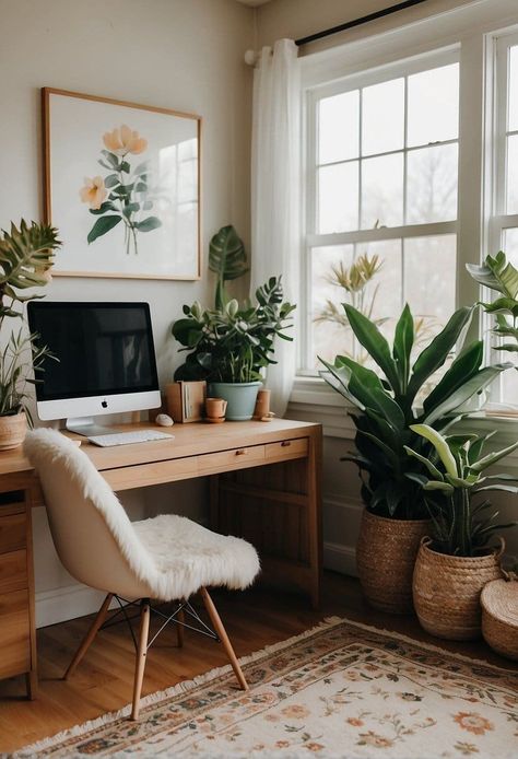 Feminine Boho Office, Yoga Room Office, Home Office Ideas Apartment, Women Office Ideas At Home, Woman's Home Office, Plants In Home Office, Scandinavian Home Office Ideas, Aesthetic Home Office Ideas, Woman’s Home Office