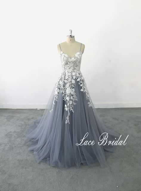 A-line Dusty Blue Tulle Lace Wedding Dress Romantic Lace | Etsy