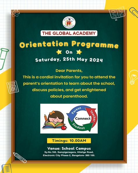 The Global Academy warmly invites all parents to our Orientation Programme on Saturday, 25th May 2024, at 10:00 AM. This session is designed to provide an in-depth understanding of our school's policies and educational approach. It's a great opportunity to connect with teachers and other parents, and to gain valuable insights into effective parenting. Join us at our school campus. We look forward to seeing you there! #OrientationSession #OrientationProgram #electroniccityphase2 #theglobalaca... Effective Parenting, School Campus, Looking Forward To Seeing You, Phase 2, May 2024, Parenting, Education