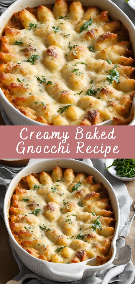 Creamy Baked Gnocchi Recipe | Cheff Recipes Quick Gnocchi Sauce, Chicken Parm Gnocchi Bake, What To Make With Potato Gnocchi, Toasted Gnocchi Recipes, Easy Gnocchi Bake, Gnocchi Bake Vegetarian, Turkey And Gnocchi Recipes, Simple Plain Dinner Recipes, Mashed Potato Gnocchi Recipes