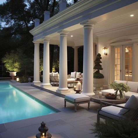 7+ Decorative Outdoor Columns that are Perfect for Your Patio • 333+ Art Images Column Design Exterior, Hamptons Pool, Exterior Columns, Outdoor Columns, Pool Pavilion, Modern Patio Design, House Renovation Projects, Modern Outdoor Living, Porch Remodel