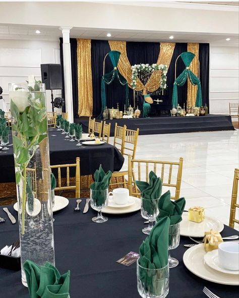 Green Black And Gold Quinceanera, Green Black And Gold Centerpieces, Hunter Green And Gold Party Decorations, Dark Green And Gold Graduation Party, Emerald Green Black And Gold Quinceanera Theme, Emerald And Gold Party, Black And Green Quinceanera Theme, Emerald Green Gold And Black Party Decor, Green And Gold Graduation Party Ideas