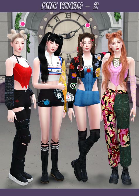 Blackpink Pink Venom Outfits, Black And Pink Hair, Lisa Hair, Stray Kids Outfits, The Sims 4 Lots, Sims Packs, Sims 4 Expansions, Pink Venom, Sims 4 Dresses