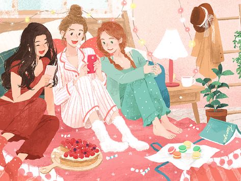 Sohyun Cho Illustration Bedroom Illustration, Sweet Drawings, Friends Illustration, Lifestyle Illustration, My Art Studio, Family Illustration, Girls Cartoon Art, Illustration Character Design, Social App