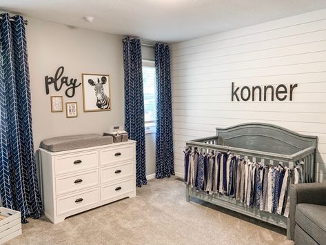 Baby Boy Nursery with Navy Blue and White Shiplap. Gray Crib. Decor Inspiration. Rustic and Modern. White Dresser with Navy Blue curtains. Konner Lee. DIY Nursery #babyboynursery #nurserydecor Navy Blue Nursery Boy Walmart, Welcome To My Crib Boys Room, Navy Blue Nursery Boy Bed Bath & Beyond, Gray Crib White Dresser Nursery, Grey Crib White Dresser Nursery, Grey Crib With White Dresser, Gray Crib Nursery Boy, White Dresser Nursery, Navy Blue Nursery Boy