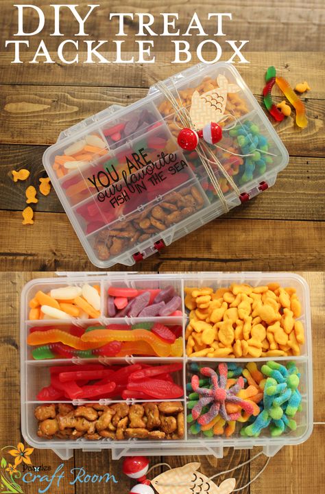 A tackle box filled with little candy treats and decorated with the text" You are our/my favorite fish in the sea" complete with a paper fish and bobbers! A clever, custom, quick and affordable gift that anyone would love! Tackle Box Gift, Paper Fish, Fish In The Sea, Candy Treats, Fishing Party, Diy Treats, Diy Gifts For Him, Diy Father's Day Gifts, Fishing Birthday