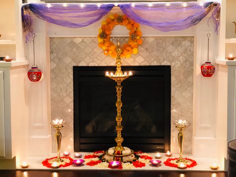 Indian Fireplace Decor, Diwali Fireplace Decor, Deepavali Decorations, 21st Birthday Girl, Home Flower Decor, Pooja Decoration, Indian Living Room, House Warming Ceremony, Diwali Decorations At Home