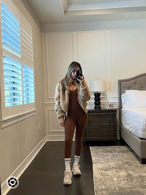 Brown Jumpsuit With Jacket, Brown Jumpsuit Outfit, Fitted Brown Overall Jumpsuit, Fitted Brown Jumpsuit With Long Sleeves, Fitted Brown Jumpsuit, Brown V-neck Jumpsuits And Rompers For Loungewear, Brown Jumpsuits, Jacket Outfit Women, Fitted Jumpsuit