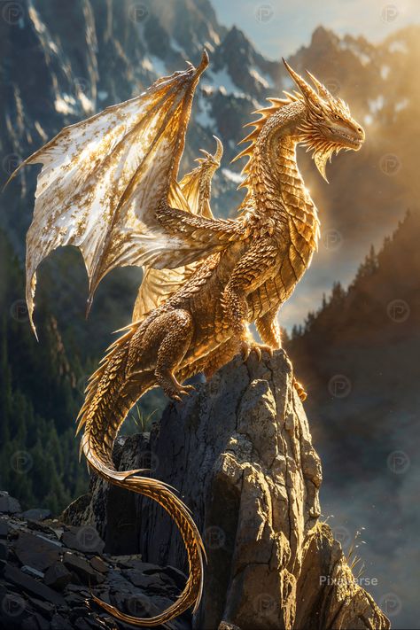 Golden Sunbeam Dragon, a creature of radiant beauty, with scales that gleam like pure gold. Its wings are like sunlight, casting a warm glow wherever it goes Gold Dragon Art Dnd, Golden Dragon Aesthetic, Dragon Decorations Diy, Golden Wyvern, Gold Dragon Aesthetic, Beautiful Dragon Art, Gold Dragon Art, White And Gold Dragon, Golden Dragon Art