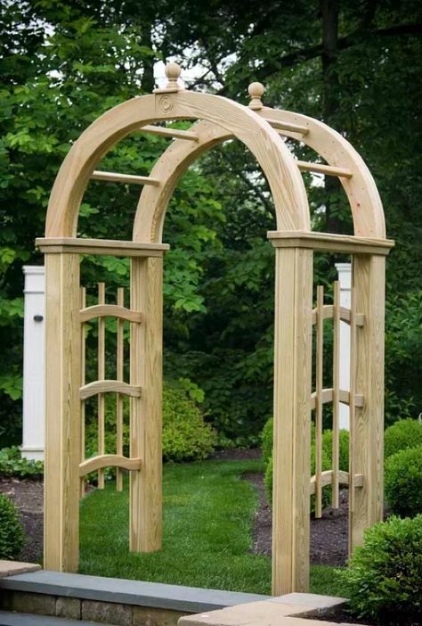 Classic garden arch Arbor Walkway, Wood Driveway, Cedar Arbor, New England Arbors, Wooden Gates Driveway, Wood Arbor, Backyard Structures, Wooden Arbor, Garage Pergola