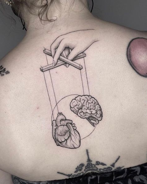 Brain Tattoo Ideas Simple, Psychology Tattoo Minimalist, Brain And Heart Tattoo, Heart And Brain Tattoo, Tattoo Balance, Psychology Tattoo, Anatomical Tattoos, Balance Tattoo, Brain Tattoo