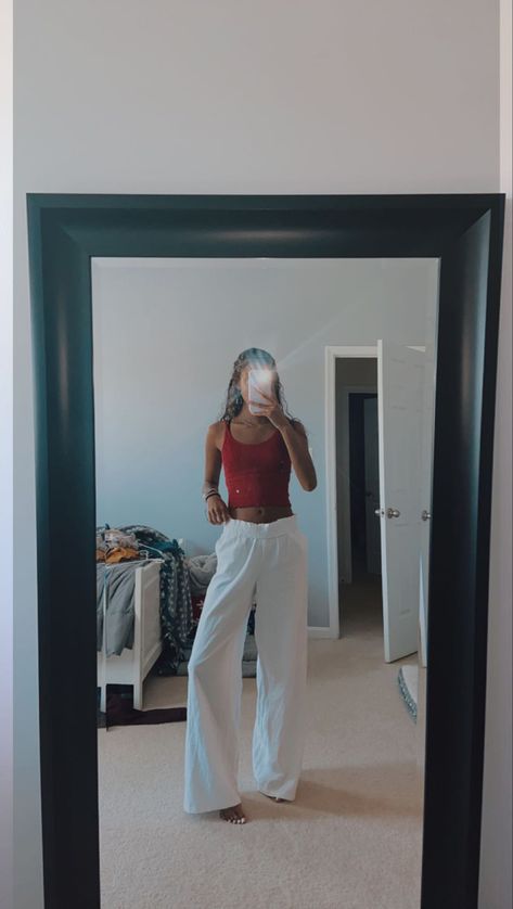 White Flower Pants Outfit, Red Flowy Pants Outfit, Red Tank Top Outfit Summer, Loose White Pants Outfit, White Lining Pants Outfit, White Yoga Pants Outfit, Float Pants Outfit, White Courderoy Pants Outfit, White Beach Pants Outfit