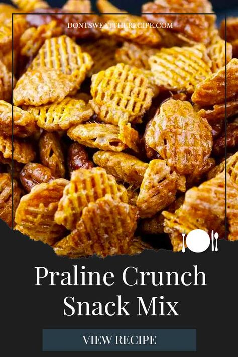 This Praline Crunch Snack Mix recipe is the perfect balance of salty, sweet, and crunchy! Not to mention it's extremely addictive. Beware! #praline #southern #snacks #recipe #pecan Southern Snacks, Crispix Snack Mix, Praline Crunch, Snacky Foods, Chex Mix Recipes Sweet, Snack Mix Recipe, Snacks Sweet, Crunch Recipe, Snack Mixes