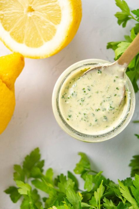 Tahini Dipping Sauce For Veggies, Lemon Garlic Tahini Sauce, Garlic Tahini Sauce Recipe, Lemon Herb Tahini Dressing, Mediterranean Sauce, Tahini Sauce Recipe, Lemon Tahini Sauce, Allergy Recipes, Spicy Cashews