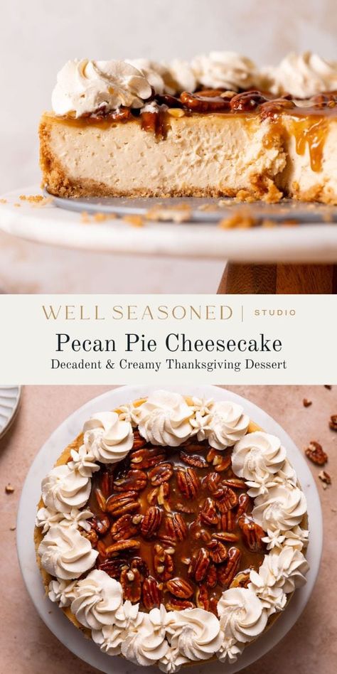 Rich & Creamy Pecan Pie Cheesecake Cheddar Pecan Cheese Torte, Cheesecake Thanksgiving Desserts, Creamy Pecan Pie, Cheesecake Thanksgiving, Friendsgiving 2023, Pecan Pie Cheesecake Recipe, Thanksgiving Cheesecake, Dessert For Thanksgiving, Cinnamon Whipped Cream