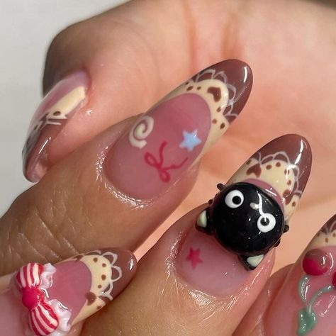 Choco Cat Nails, Korean Halloween Nails, Zenitsu Nails, Character Nail Art, Spring Nail Designs, Girly Acrylic Nails, Pretty Gel Nails, Really Cute Nails, Soft Nails