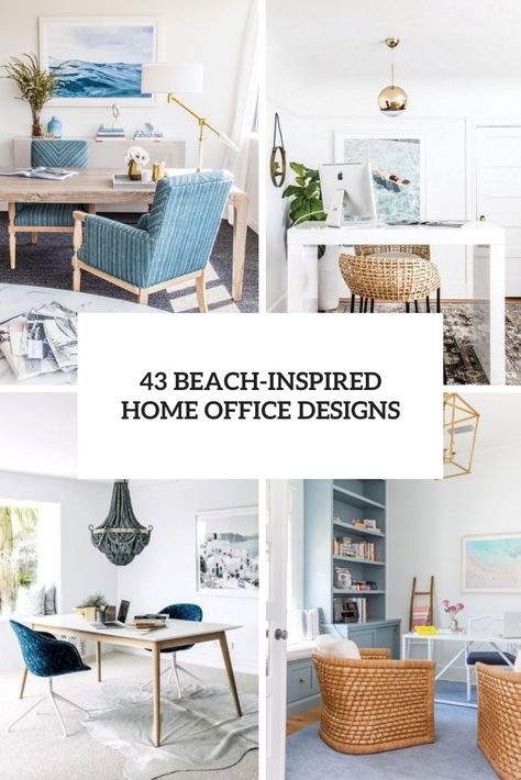 Picture Of a beach home office with a wooden desk, rattan chairs and a daybed, a pendant lamp and navy and white pillows Coastal Home Office Beach, Beach Office Design, Coastal Office Ideas Beach, Coastal Blue Home Office, Office Beach Theme, Costal Home Office, Coastal Style Office, California Coastal Office, Beach House Office Ideas