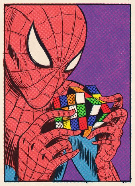 Spiderman is playing with a Rubik cube Great Power Comes Great Responsibility, Pop Art Comic, Bd Comics, Spiderman Comic, Retro Comic, Great Power, Comic Panels, Spiderman Art, Amazing Spiderman