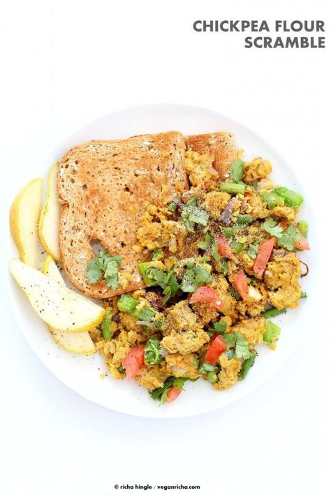 Easy Chickpea flour Scramble. Soy-free Breakfast Scramble with veggies. Make with lentil flour or lentil batter for variation. Vegan Gluten-free Recipe | VeganRicha.com #vegan #glutenfree #veganricha Dessert Tofu, Breakfast Scramble, Lentil Flour, Vegan Richa, Vegan Chickpea, Vegan Gluten Free Recipes, Tomato And Cheese, Vegan Eats, Chickpea Flour