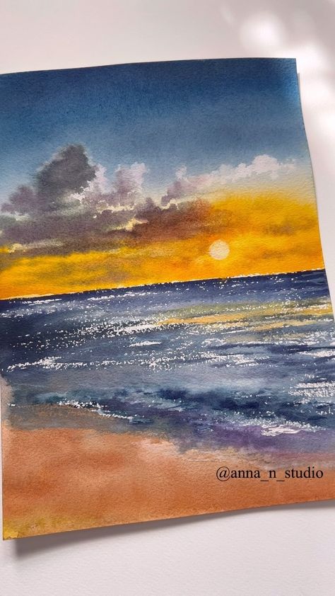 Watercolor Landscapes, Watercolor Sky, Watercolor Tutorial, Sunset Sea, Beach Painting, Watercolour Tutorials, Water Colour, Painting Process, Watercolor Landscape