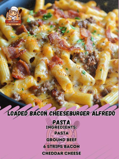 🍔🥓🧀 Loaded Bacon Cheeseburger Alfredo Pasta - A delicious fusion of flavors in one satisfying dish! Ingredients: - 8 oz pasta - 1 lb ground beef - 6 strips bacon (cooked and crumbled) - 1 cup shredded cheddar cheese - 1 cup Alfredo sauce - 1/2 cup diced onions - 1/2 cup diced tomatoes - Salt and pepper Instructions: 1. Cook pasta according to package instructions. 2. In a skillet, brown ground beef with onions, season with salt and pepper. 3. Drain excess fat, add cooked bacon, tomatoes, and ... Loaded Bacon Cheeseburger Alfredo, Cheeseburger Alfredo Pasta, Creamy Velveeta Beef And Bow Tie Pasta, Loaded Bacon Cheeseburger Alfredo Pasta, Loaded Bacon Cheeseburger Pasta, Geound Beef Recipes, Ground Beef Alfredo Pasta, Beef With Onions, Recipe Beef