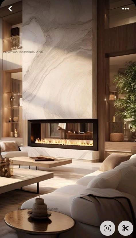 High Ceiling Living Room Modern, Fireplace Modern Design, Luxury Fireplace, Fireplace Modern, High Ceiling Living Room, Modern Luxury Interior, Marble Interior, Living Room Decor Fireplace, Contemporary Fireplace