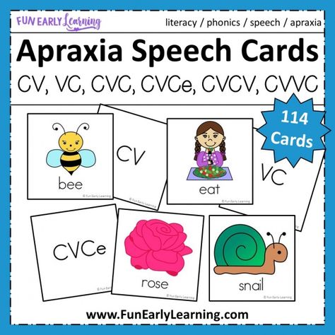 Apraxia Articulation Cards for Speech Therapy. Free Apraxia Cards Starter Set with CV, VC, CVC, CVCe cards and more! Great for toddlers, preschool, kindergarten, and early childhood speech and articulation practice. #speechtherapy #articulation #apraxia #freeprintable Apraxia Therapy, Speech Therapy Free, Articulation Cards, Apraxia Of Speech, Childhood Apraxia Of Speech, Early Intervention Speech Therapy, Phonological Processes, Preschool Speech Therapy, Speech Articulation