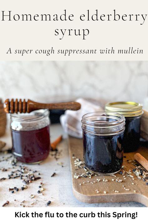 Elderberry Cough Syrup, Elderberry Honey, Homemade Elderberry Syrup, Cough Syrup Recipe, Mullein Leaf, Homemade Cough Syrup, Elderberry Syrup Recipe, Elderberry Juice, Homemade Elderberry