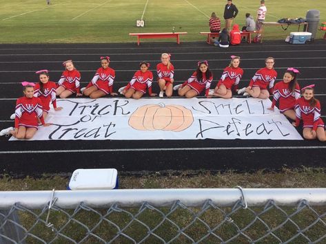 Cute Football Run Through Signs, Halloween Run Through Signs Football, Cheerleading Banners For Football, Halloween Football Signs, Halloween Pep Rally Ideas, Fnl Run Through Banners, Football Game Banners High School, Halloween Football Posters, Cheer Football Banners