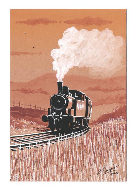 Steam Train. Painting, 1999. Vintage Train Drawing, Steam Train Illustration, Steam Train Painting, Steam Train Art, Steam Locomotive Drawing, Train Illustration Drawing, Vintage Train Illustration, Steam Train Drawing, Railway Illustration