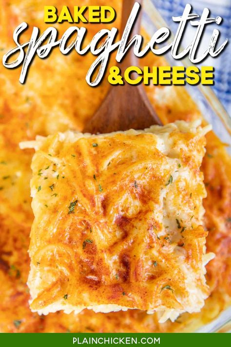 Baked Spaghetti And Cheese, Authentic Meatballs, Leftover Spaghetti Noodles, Spaghetti And Cheese, Spaghetti Cheese, Plain Chicken Recipe, Fun Meals, Cheese Pudding, Food Sides