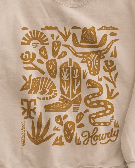 We wanted to design a shirt to represent our home state, and in our opinion, we did a great job! Snakes, cacti, armadillo, and even a little Howdy in the corner! To be completely honest, the snakes aren’t our favorite, but they do look good on a shirt. Crafted from soft ring spun cotton blends Modern classic fit with a rib collar for comfort Taped neck and shoulders for durability Sustainable production with OEKO-TEX certified dyes and Better Cotton partnership Constructed by Gildan. Western Pattern Design, Summer Camp Merch, Modern T Shirt Design, Texas Logo, Typography Shirt Design, T-shirt Design Illustration, Modern Cowboy, Graphic Shirt Design, Cowboy Design