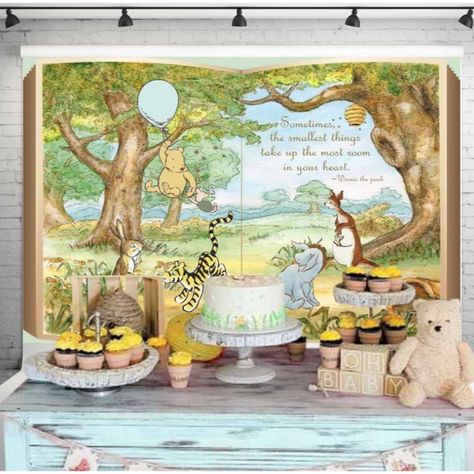 Classic Pooh Giant Book Backdrop Vintage Hundred Acre Wood Background Winnie Bear with Blue Balloon Banner Boys Baby Shower Giant Book Backdrop, Book Backdrop, Baby Shower Decorations Neutral, Kids Birthday Party Decoration, Classic Pooh, Blue Balloon, Green Balloon, Pooh Baby, Balloon Banner