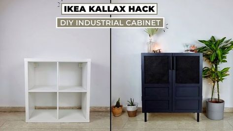 #ikeadiy #hacks #furnitureideas Ikea Kallax 4 Cube Hack, Ikea Kallax Luxury, Cube Storage Into Cabinet, Kallax Black Ideas, Ikea Expedit Makeover, Industrial Ikea Hack, 2x2 Kallax Hack, Ikea Kitchen Table Hack, Kallax 4 Cube Hack