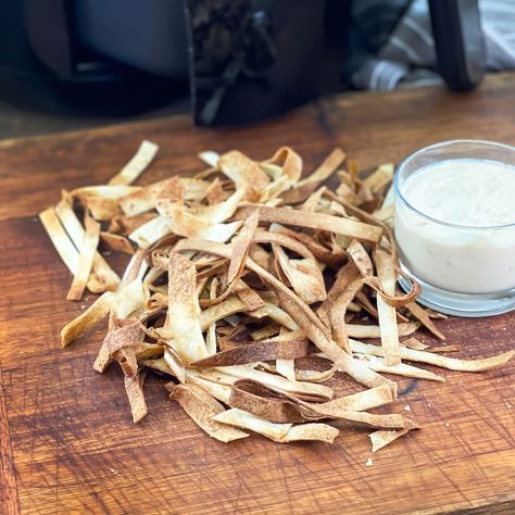 Air Fryer Flour Tortilla, Tortilla Salad, Air Fryer Tortilla, Salad Topping, Tortilla Strips, Potato Sticks, Salad Toppers, Salad Toppings, Crunchy Snack