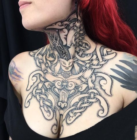 240+ Nordic Tattoos Designs (2022) Ink Inspired From Norse Mythology - TattoosBoyGirl Freya Back Tattoo, Norse Neck Tattoo, Aurochs Bull, Norse Knotwork Tattoo, Viking Chest Tattoo, Knotwork Tattoo, Freya Tattoo, Traditional Viking Tattoos, Pagan Tattoo