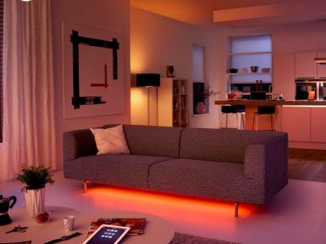 Apartment Lighting Solutions, Philips Hue Light Strip, Dj Pult, Apartment Lighting, Philips Hue Lights, Lighting Living Room, Hue Lights, Design Hacks, Garage Office