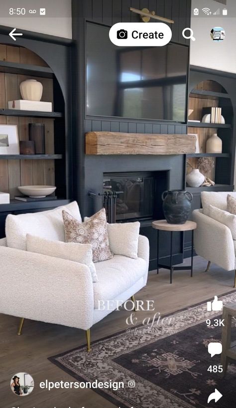 Built Ins With Tv, Bookshelf Styling Living Room, Fireplace Black, Tv Fireplace, Boyce Avenue, Bay Window Living Room, Havenly Living Room, Living Room Built Ins, Living Room Decor Fireplace