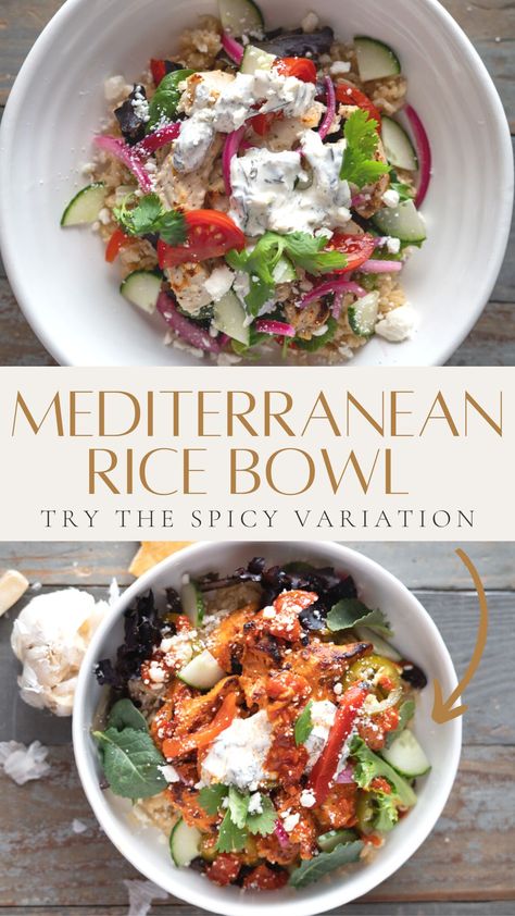 Lemon Garlic Rice, Mediterranean Rice Bowl, Mediterranean Rice, Greek Night, Greek Rice, Oregano Chicken, Vegetarian Bowls, Mediterranean Bowls, Yogurt Chicken