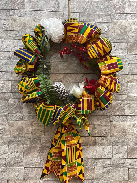 Kwanzaa Wreath, African Wreath, Cloth Wreath, African Christmas, Kwanzaa Gifts, African Colors, Kente Cloth, Christmas Hearts, African Decor