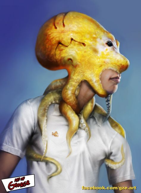 Man With a Yellow Octopus on His Head Resembles Homer Simpson Octopus Head, Octopus Costume, Yellow Octopus, Best Water Bottle, Best Water, Homer Simpson, Illustration Character, Creature Design, Costume Ideas