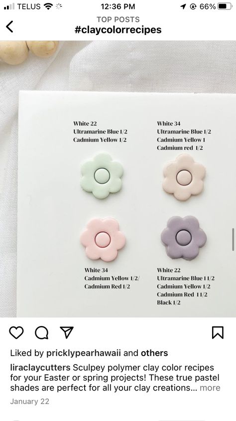 Clay Earring Color Combos, Pastel Clay Color Recipe, Sculpey Premo Color Recipe Free, Premo Color Recipes, Sculpey Premo Color Recipe, Polymer Clay Colour Recipes, Sculpey Clay Color Recipes, Spring Clay Earrings, Polymer Clay Color Recipes