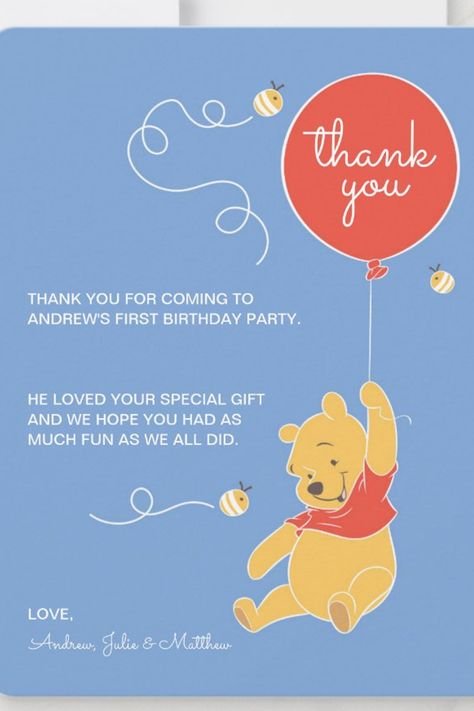 Winnie the Pooh | Baby Boy- Thank You
Thank all your guests for coming to your son's First Birthday with these cute Winnie the Pooh Thank You Cards. This Thank You Card features Pooh on a blue background with a red balloon. Personalize with your custom Thank You note. Cute Winnie The Pooh, Pooh Baby, Red Balloon, Thank You Notes, First Birthday, Blue Background, Blue Backgrounds, Winnie The Pooh, First Birthdays