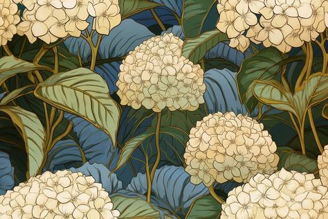 Hydrangea flower art pattern backgrounds.  | premium image by rawpixel.com / Jennifer Claesson Hydrangea Mosaic, Stained Glass Hydrangea, Hydrangea Wall Mural, Hydrangea Graphic, Art Nouveau Hydrangea, Hydrangea Flower, Vintage Poster Art, Art Background, Background Patterns