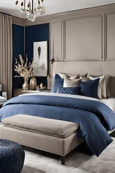 Tan Blue Bedroom, Blue Beige Bedroom Ideas, Dark Wall Bedroom Master Bed Color Schemes, Blue And Taupe Bedroom, Navy And Beige Bedroom, Navy Blue And Beige Bedroom, Bedroom Blue Aesthetic, Blue And Beige Bedroom Ideas, Cream And Blue Bedroom