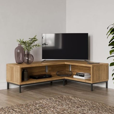 Tv Corner Ideas Living Room, Corner Tv Living Room Layout, Tv In Corner Of Living Room, Corner Entertainment Unit, Corner Tv Cabinets, Wooden Tv Unit, Tv Unit Furniture Design, Tv Unit Decor, Corner Tv Unit