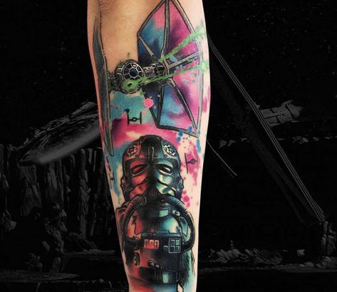 TIE Fighter Pilot tattoo by Marc Durrant Tie Fighter Tattoo, Star Wars Tattoo Sleeve, Pilot Tattoo, Fighter Tattoo, Tattoo Spots, Lijiang, Star Wars Tattoo, Space Tattoo, Tie Fighter