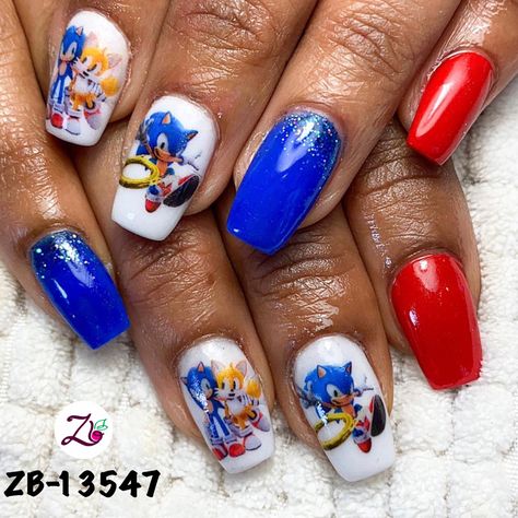 Sonic The Hedgehog Nail Art, Sonic The Hedgehog Nails, Sonic Nails, Nail Decals Designs, Sonic Birthday, Nail Designs Summer, Nail Decals, Valentines Nails, Sonic