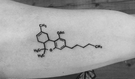 Dab Tattoo Ideas, H2o Tattoo Molecule, Science Inspired Tattoos, Marajuana Tattoos Ideas, Pothead Tattoo, Chemical Formula Tattoo, Thc Molecule Tattoo, Thc Tattoo, Pot Leaf Tattoo